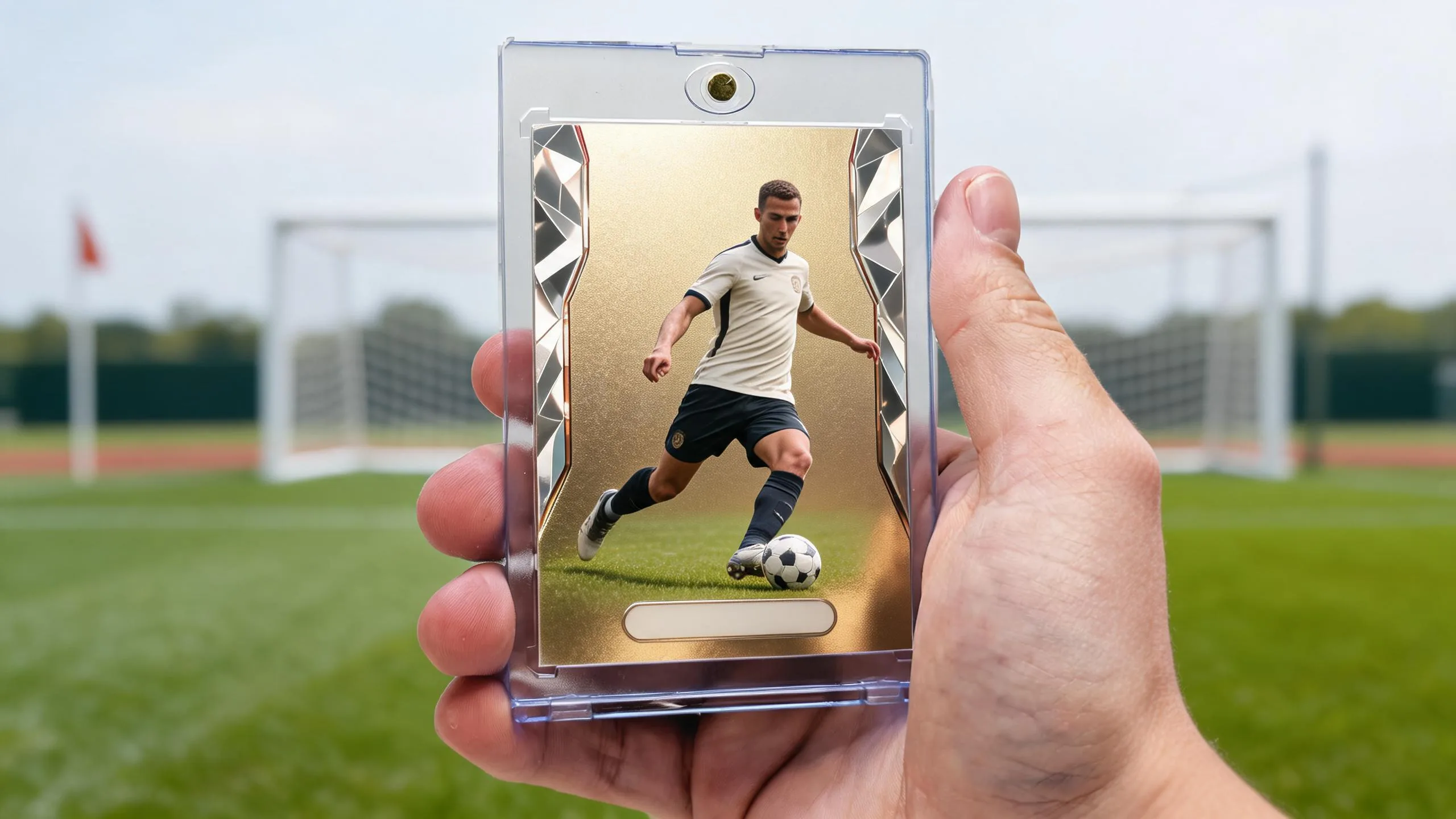 Hand holding magnetic case with gold rating-style card — make a fc mobile card design.