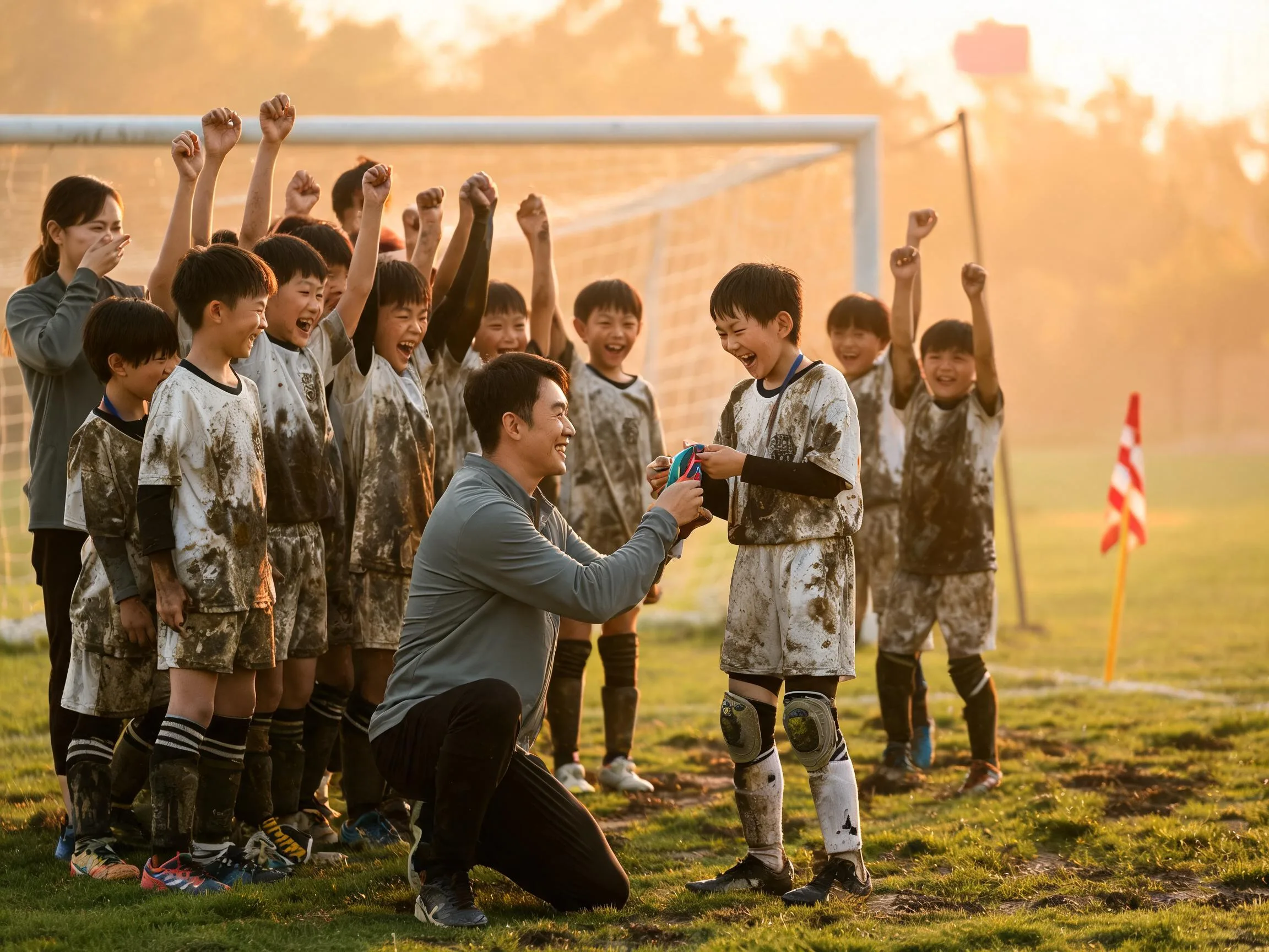 Coach and young soccer players celebrating together on the pitch at sunset.
