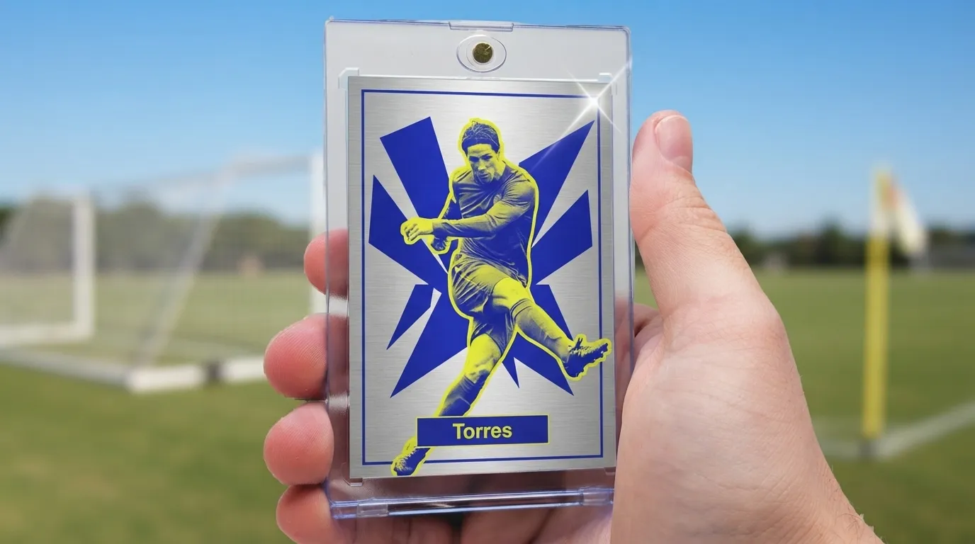 Hand holds magnetic case with duotone make a fifa card soccer card, sunny pitch background.
