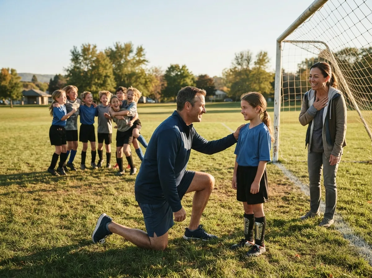 Coach and young soccer player share a proud smiling moment near the goal net.
