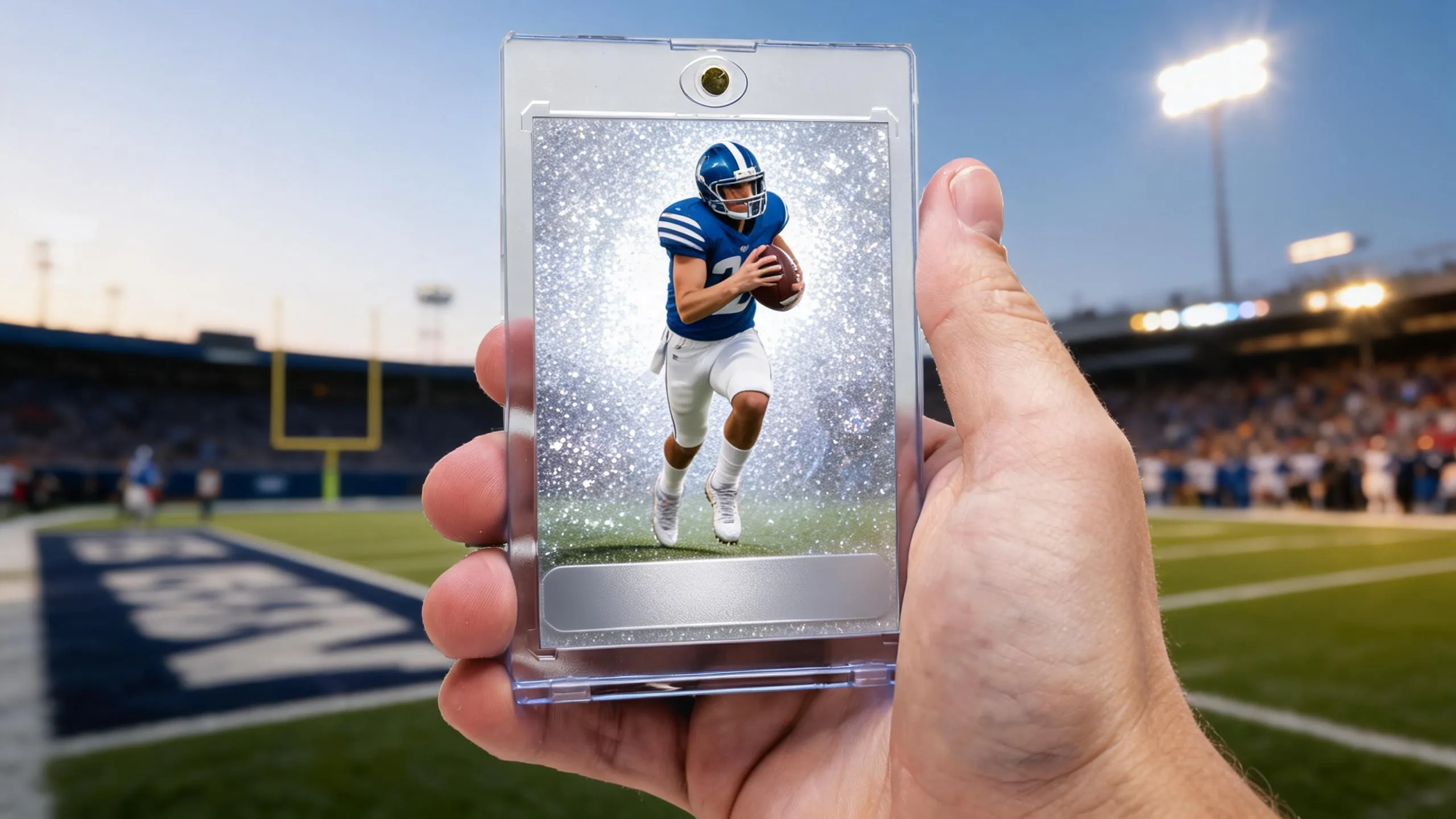 Hand holds magnetic case with custom football card, showing how to make a football card of yourself.