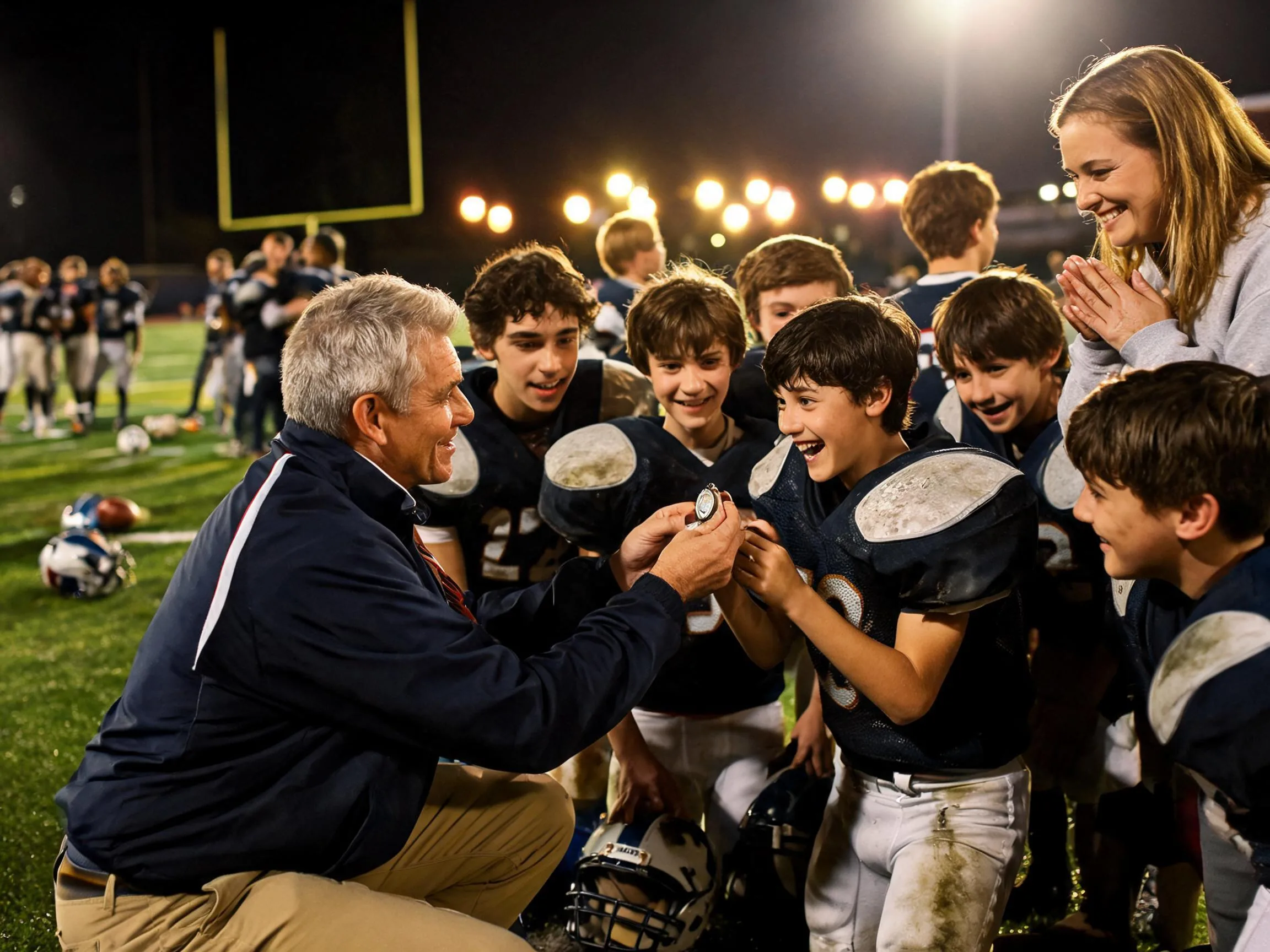 Coach and young football player share a proud Friday night lights moment on the field.
