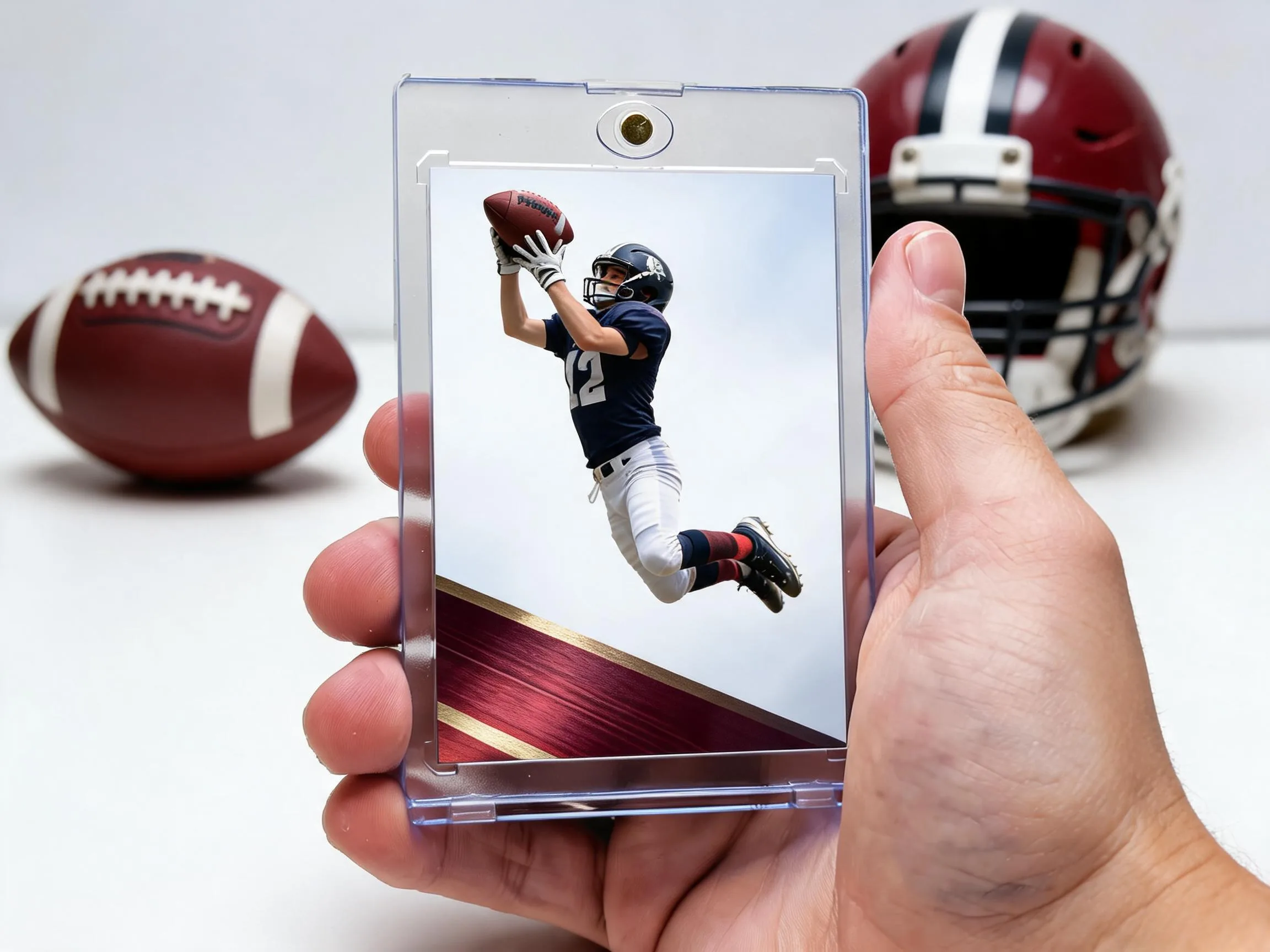 Custom football trading card in clear magnetic case with diagonal maroon and gold band.