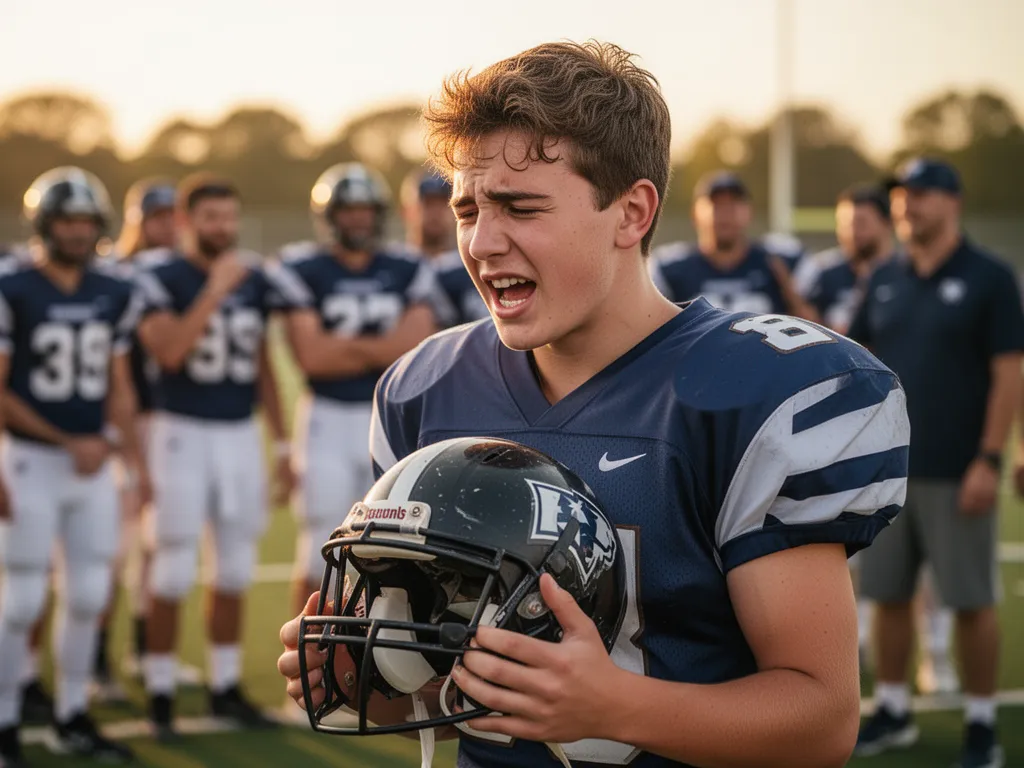 Young football player holding helmet with emotional expression surrounded by supportive team members