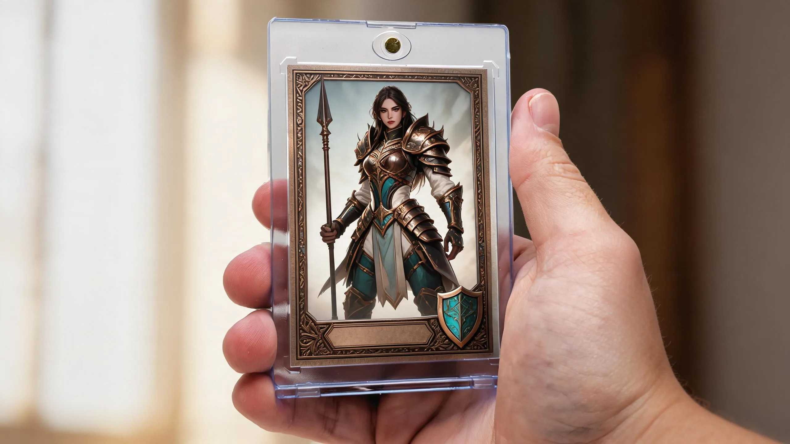 Hand holding a magnetic case with a custom fantasy make a mtg card design inside.