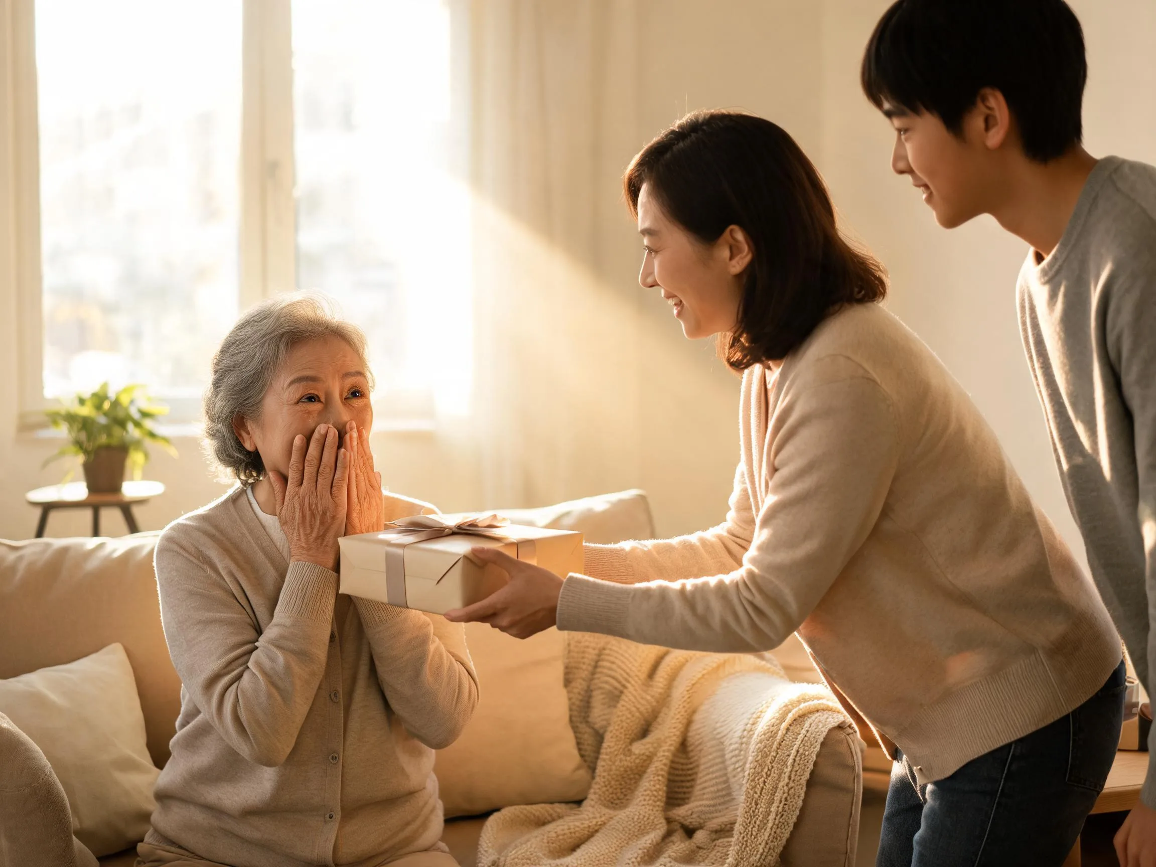 Older person reacting with joyful surprise to an unexpected gift from family.