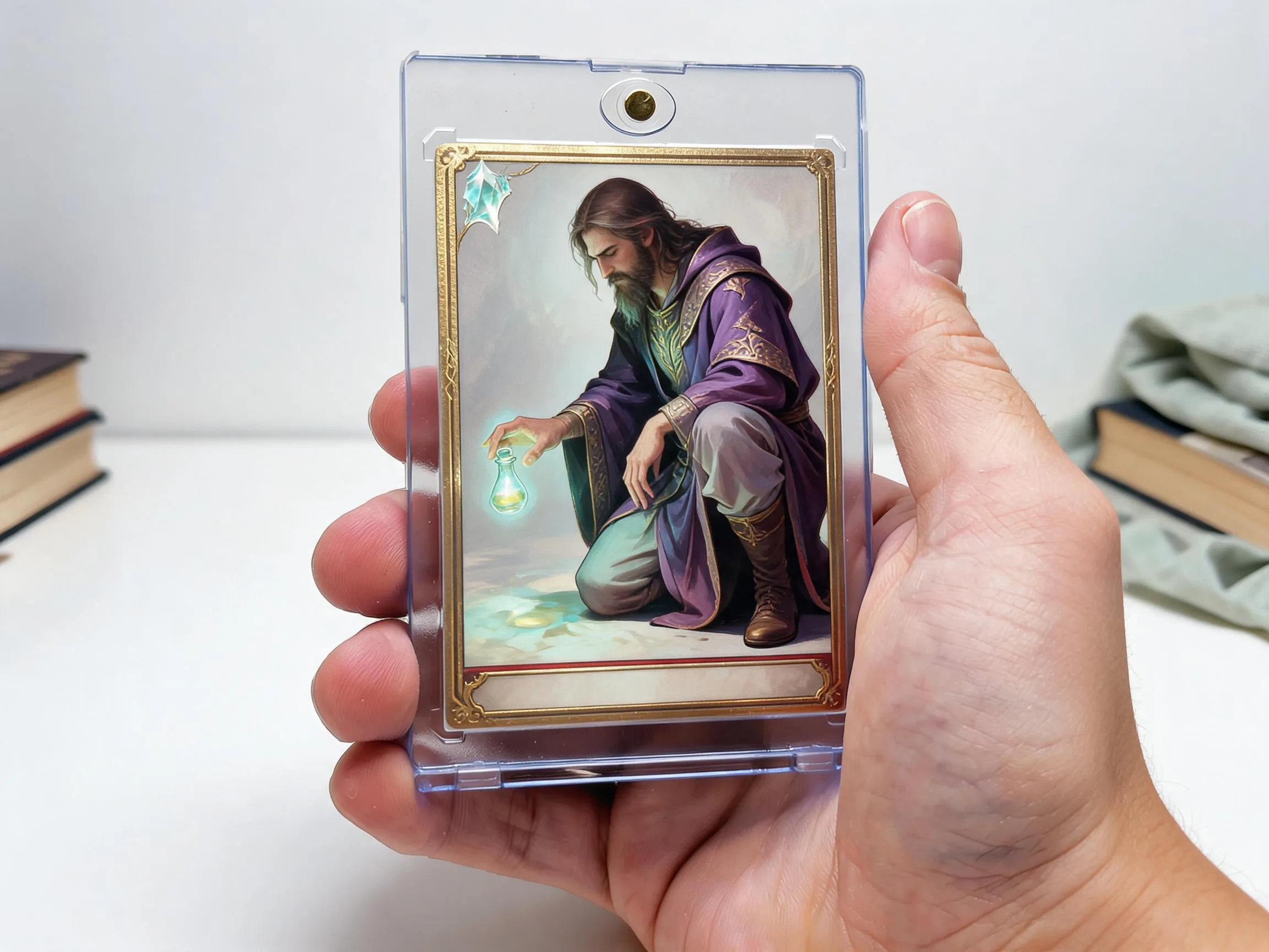 Custom keepsake fantasy trading card displayed in a clear magnetic protective case.
