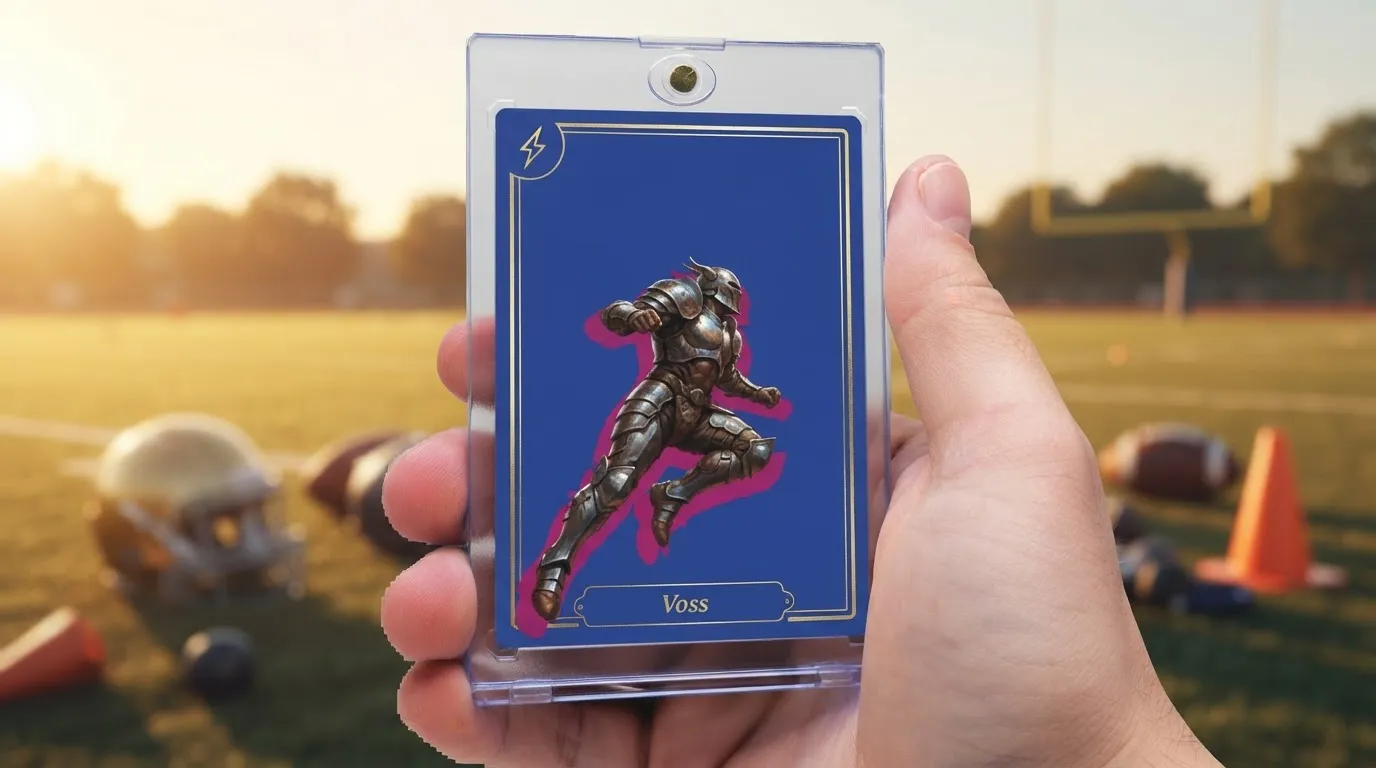 Hand holding magnetic case with illustrated make a pokemon card trading card, golden-hour athletic field background.