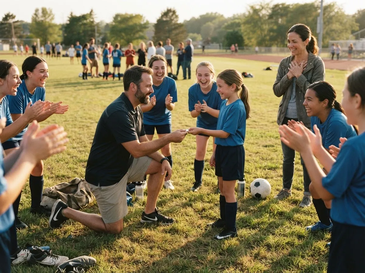 Coach and young athlete share a proud emotional moment on sunlit field during team celebration.