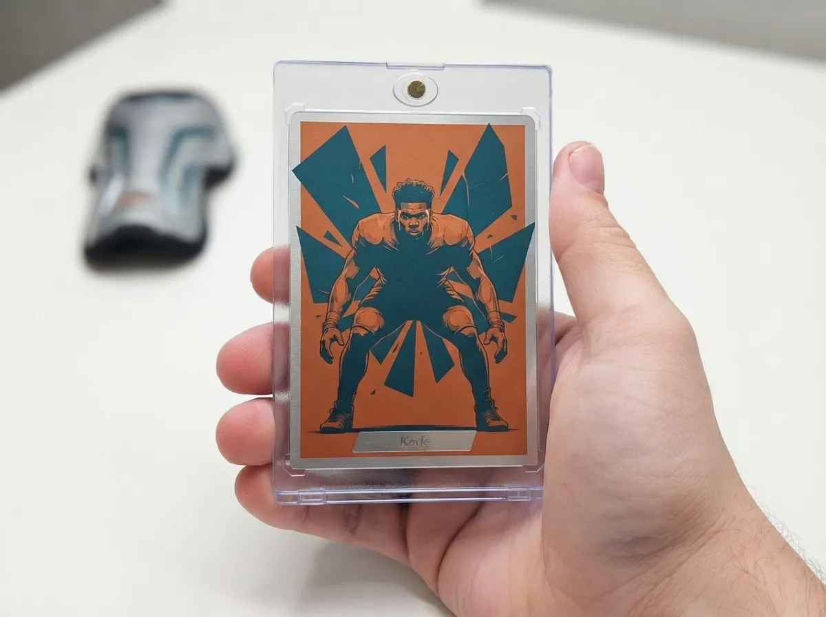 Custom sports trading card in magnetic case, duotone orange and teal illustrated design on tabletop.