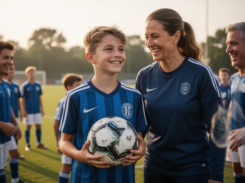 Young soccer player and coach sharing a proud moment together on the field