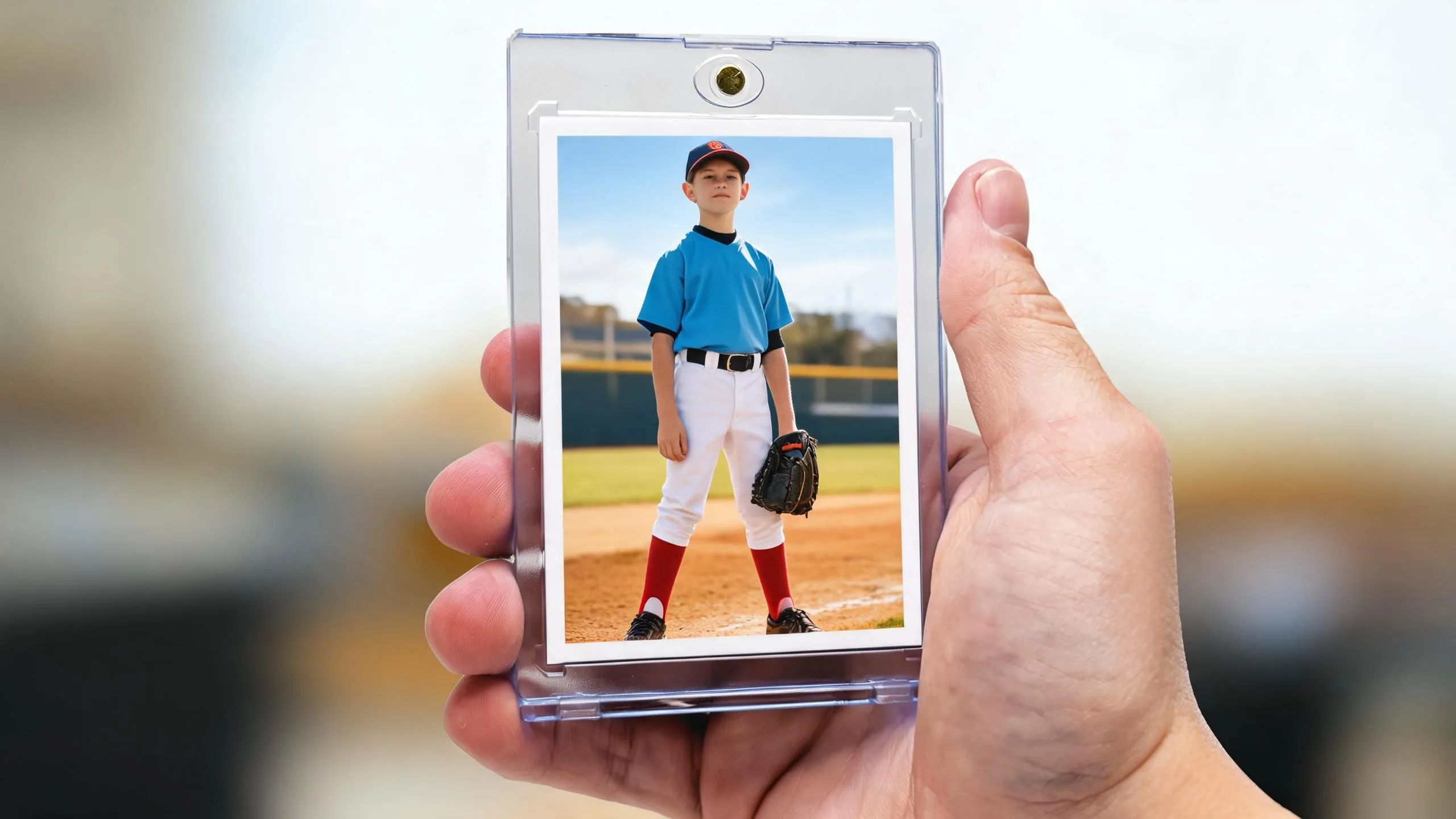 Hand holds a magnetic case with a custom sports card of yourself, sunlit stadium background blurred behind it.