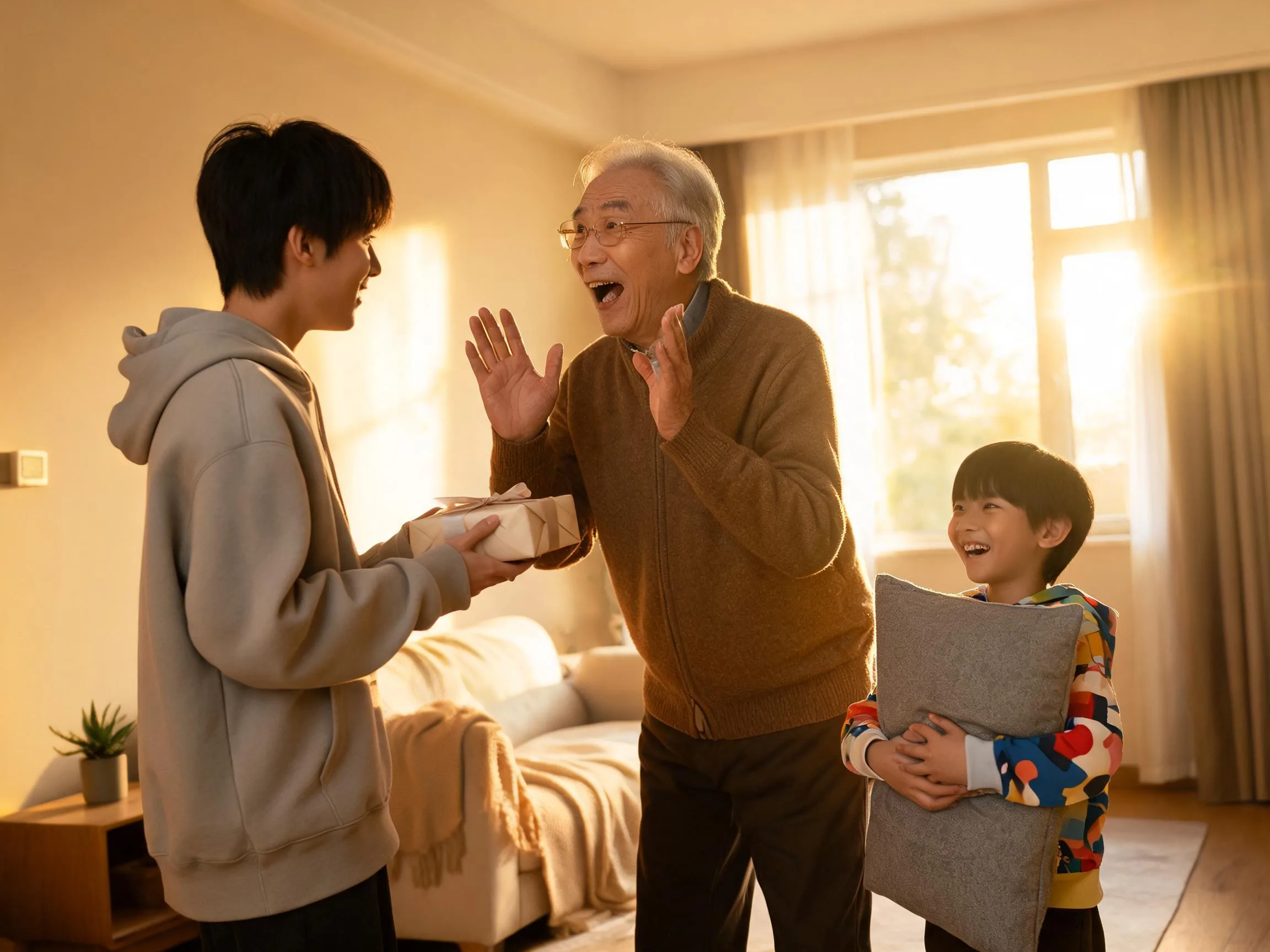 Grandfather reacts with joyful surprise as a teenager hands him an unexpected wrapped gift indoors.