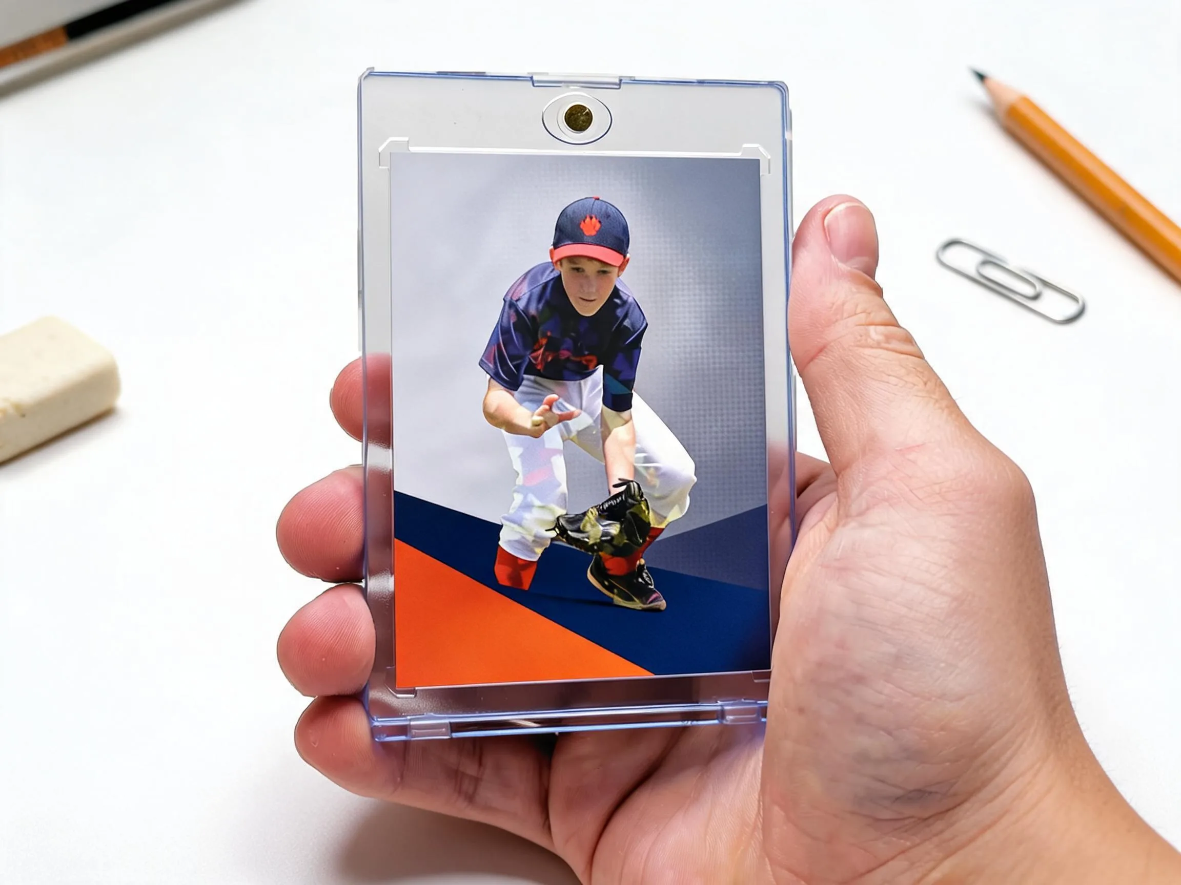 Custom keepsake trading card in a magnetic case, diagonal navy and orange band, held above a tabletop.