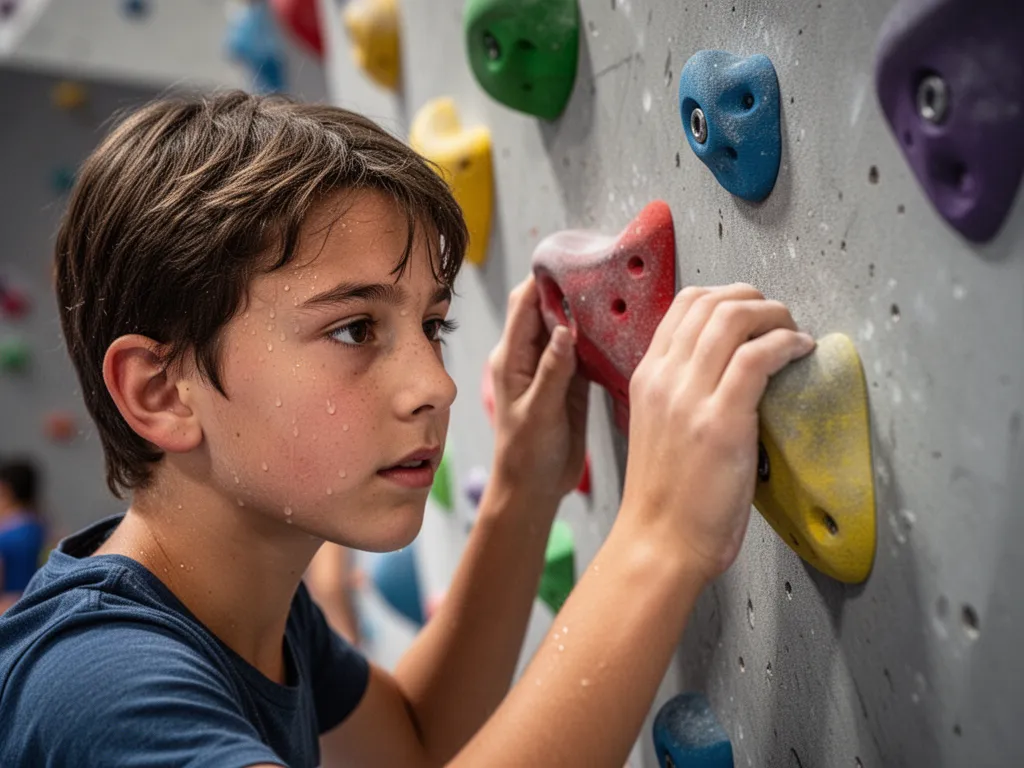 Rock climber concentrating intensely while gripping holds on an indoor climbing wall