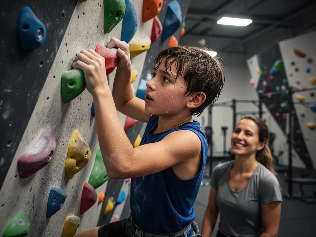 Rock climber concentrating intensely while scaling climbing wall with parent watching supportively below