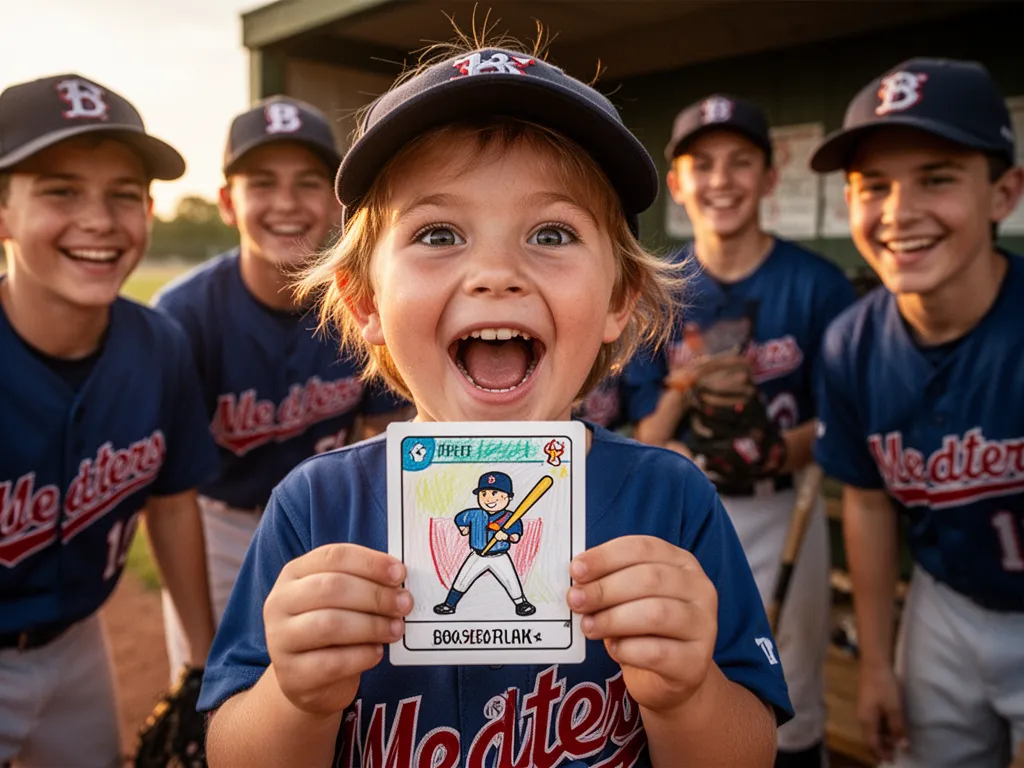 Child displaying homemade baseball card with excited expression surrounded by teammates celebrating