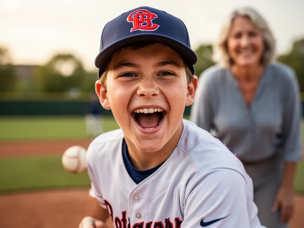 Young baseball player smiling with pride and determination, parent celebrating in blurred background