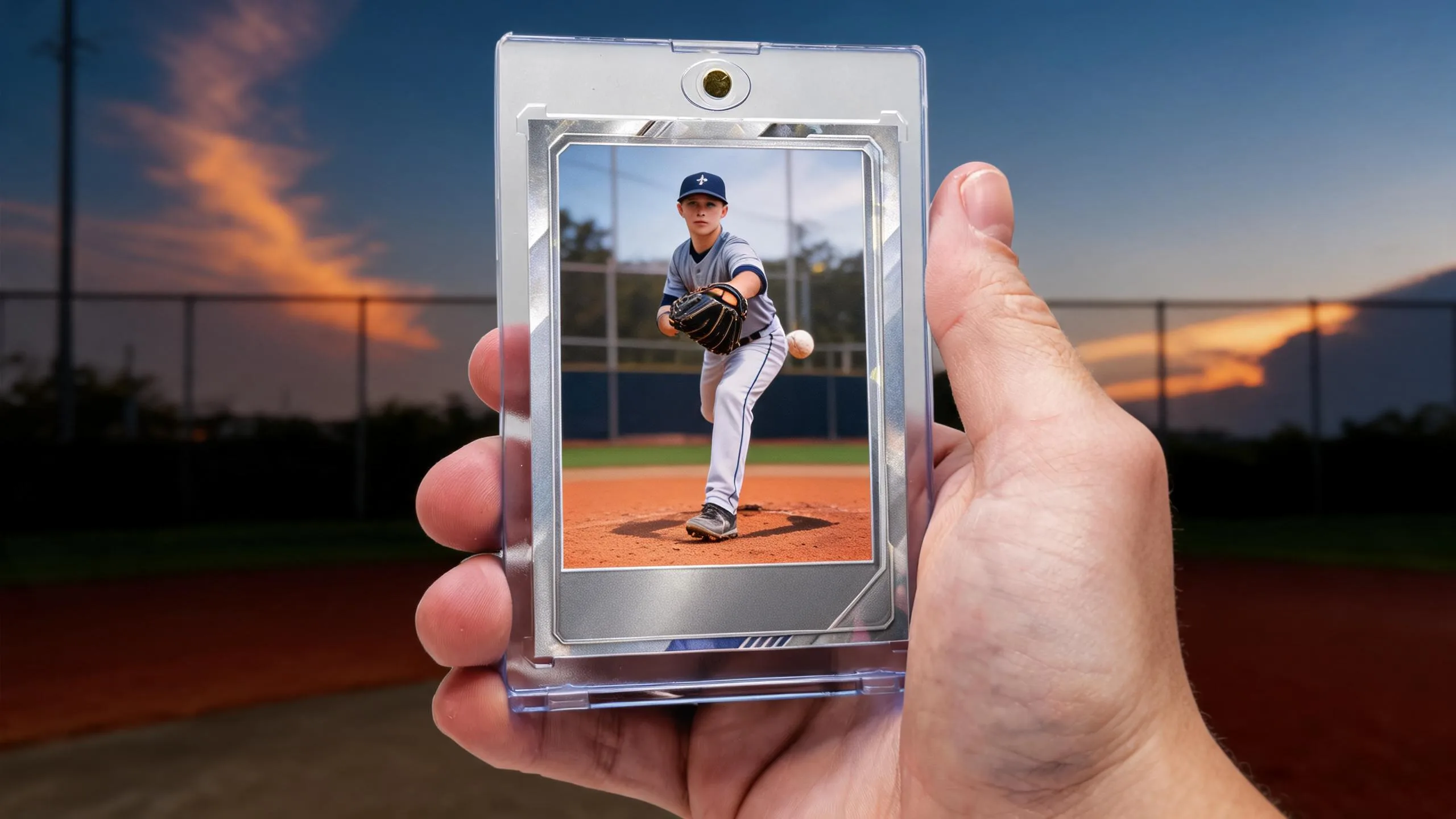 Hand holds magnetic case with custom baseball trading card — make baseball cards with chrome finish.