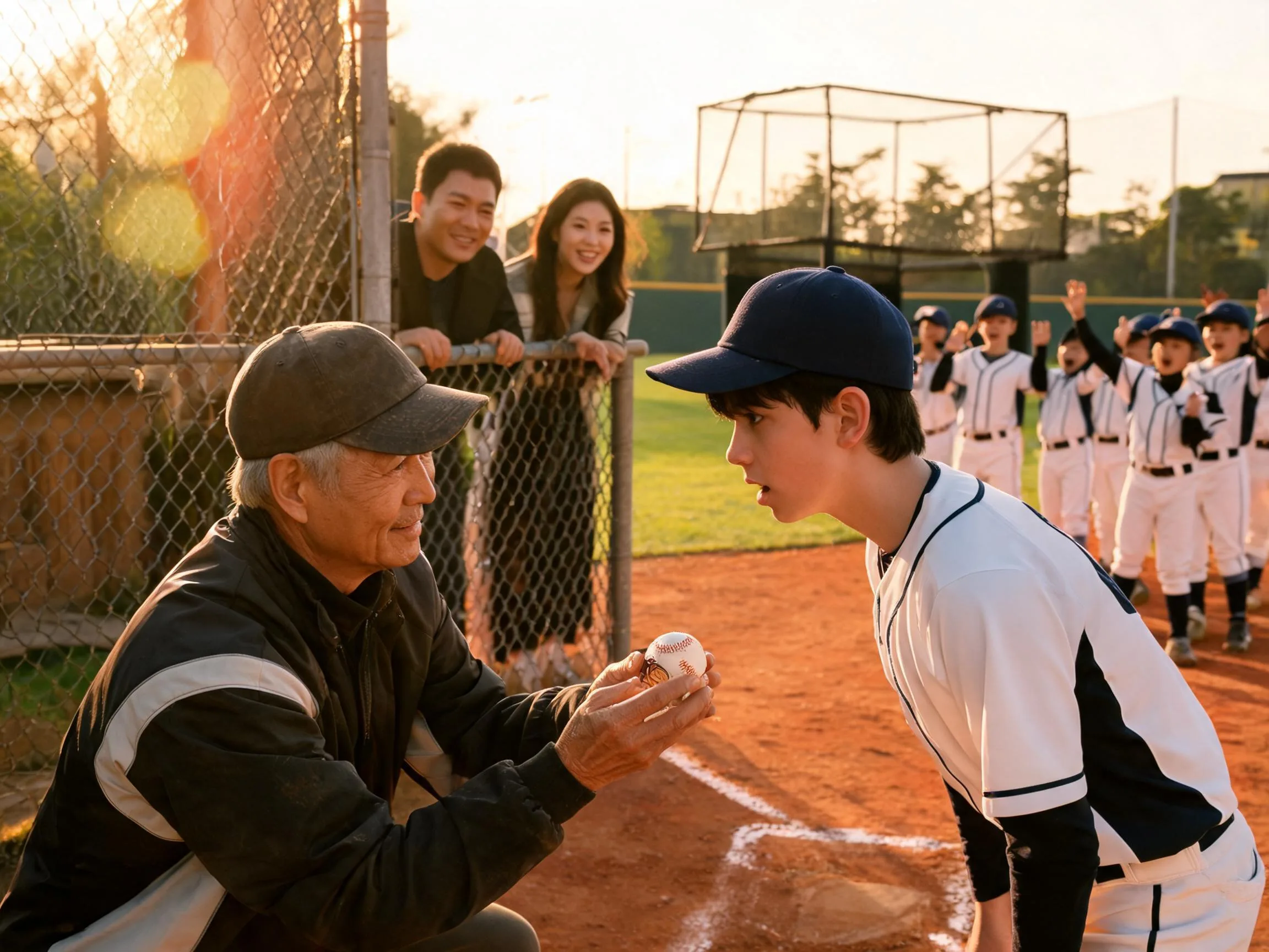 Coach and beaming young athlete share proud moment on baseball diamond near dugout.