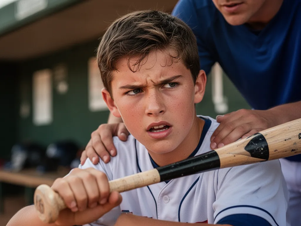 [young baseball player's determined face holding bat with teammate's supportive hand on shoulder]