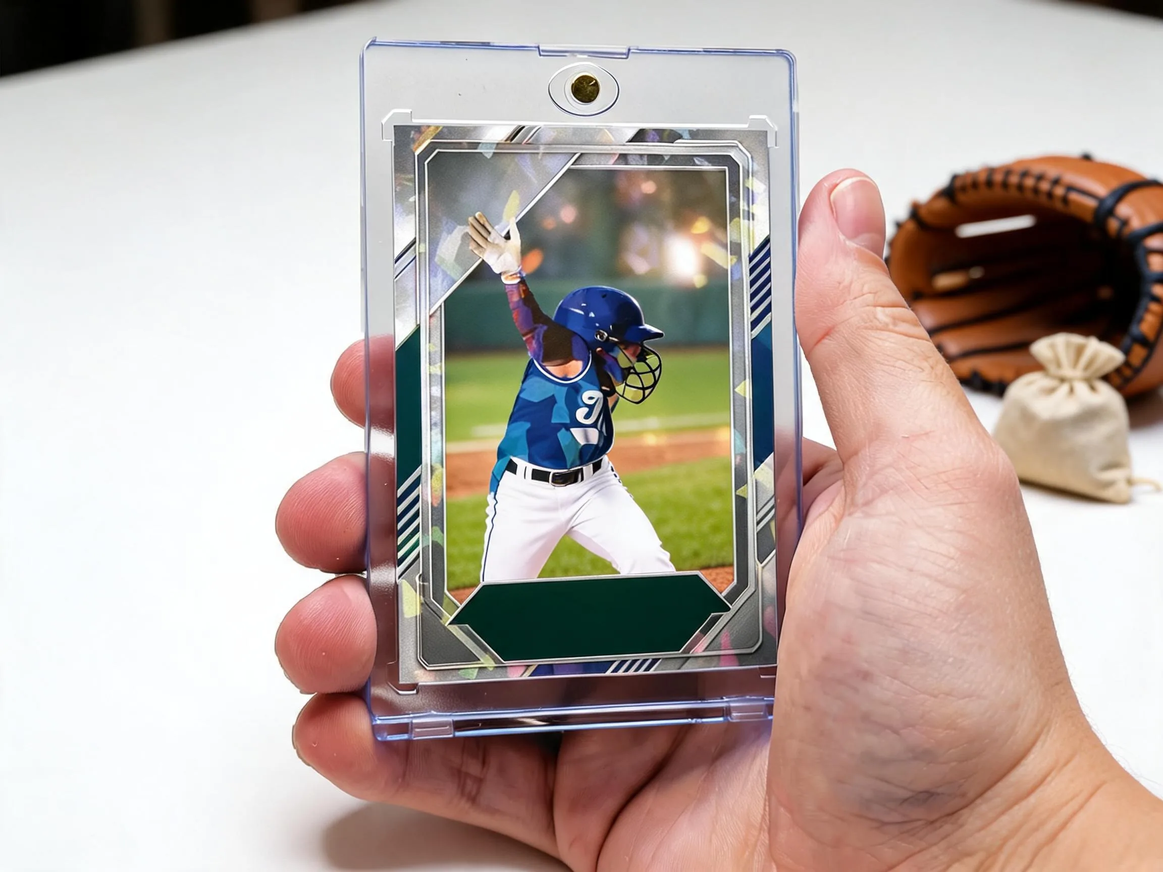 Custom baseball trading card in clear magnetic case standing on white tabletop.