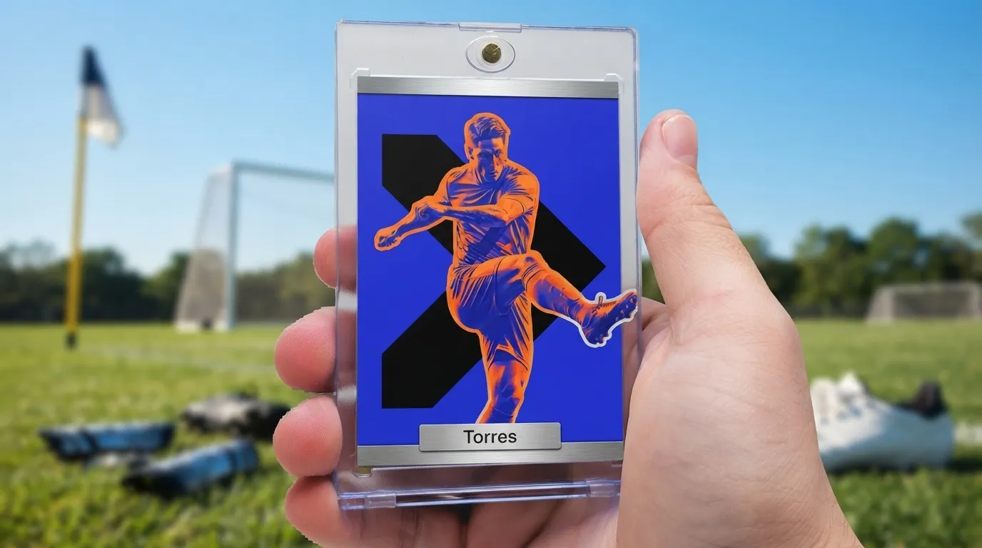 Hand holds magnetic case with make card fc mobile soccer card, sunny pitch background overhead view.