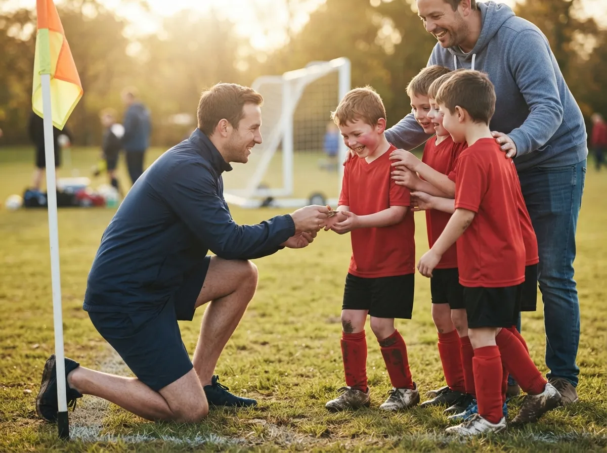 Coach shares proud moment with young soccer player as teammates and parent celebrate nearby.