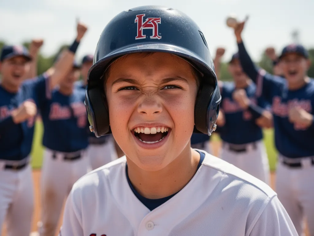 Young baseball player smiling with determination after hitting the ball successfully