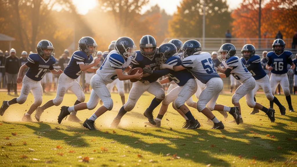 Football players in action during a game with dynamic motion and natural outdoor lighting