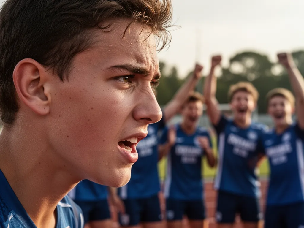 Young athlete's determined expression during competition with teammates celebrating in soft background light