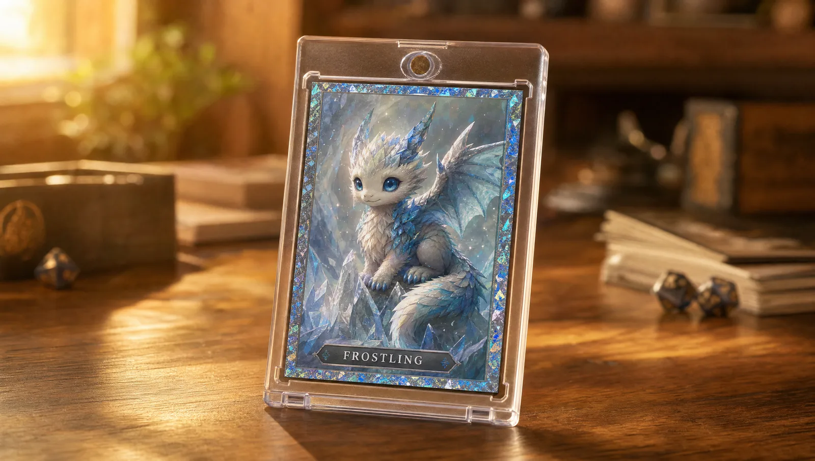 Custom make custom magic cards shown in a clear magnetic display case
