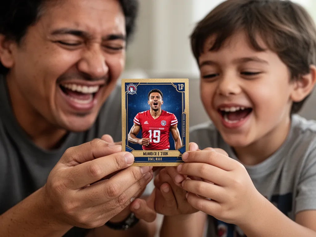 [Child and parent smiling while holding personalized custom sports trading card together]