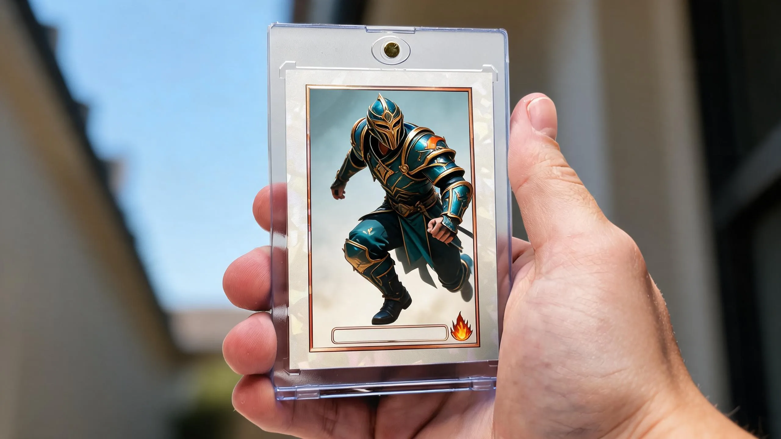 Hand holding magnetic case with fantasy-art trading card, illustrating how to make custom mtg cards.