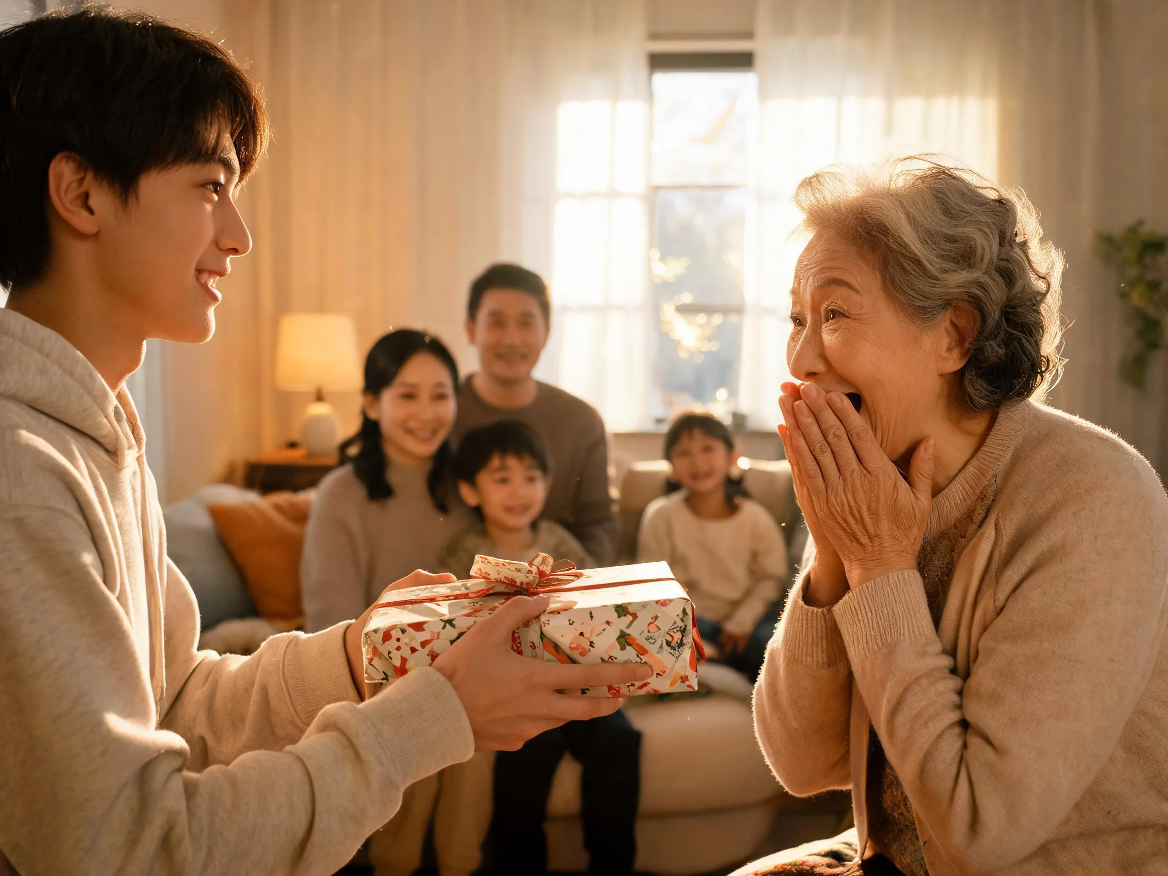 Grandmother reacting with joyful surprise to an unexpected gift from her grandchild indoors.