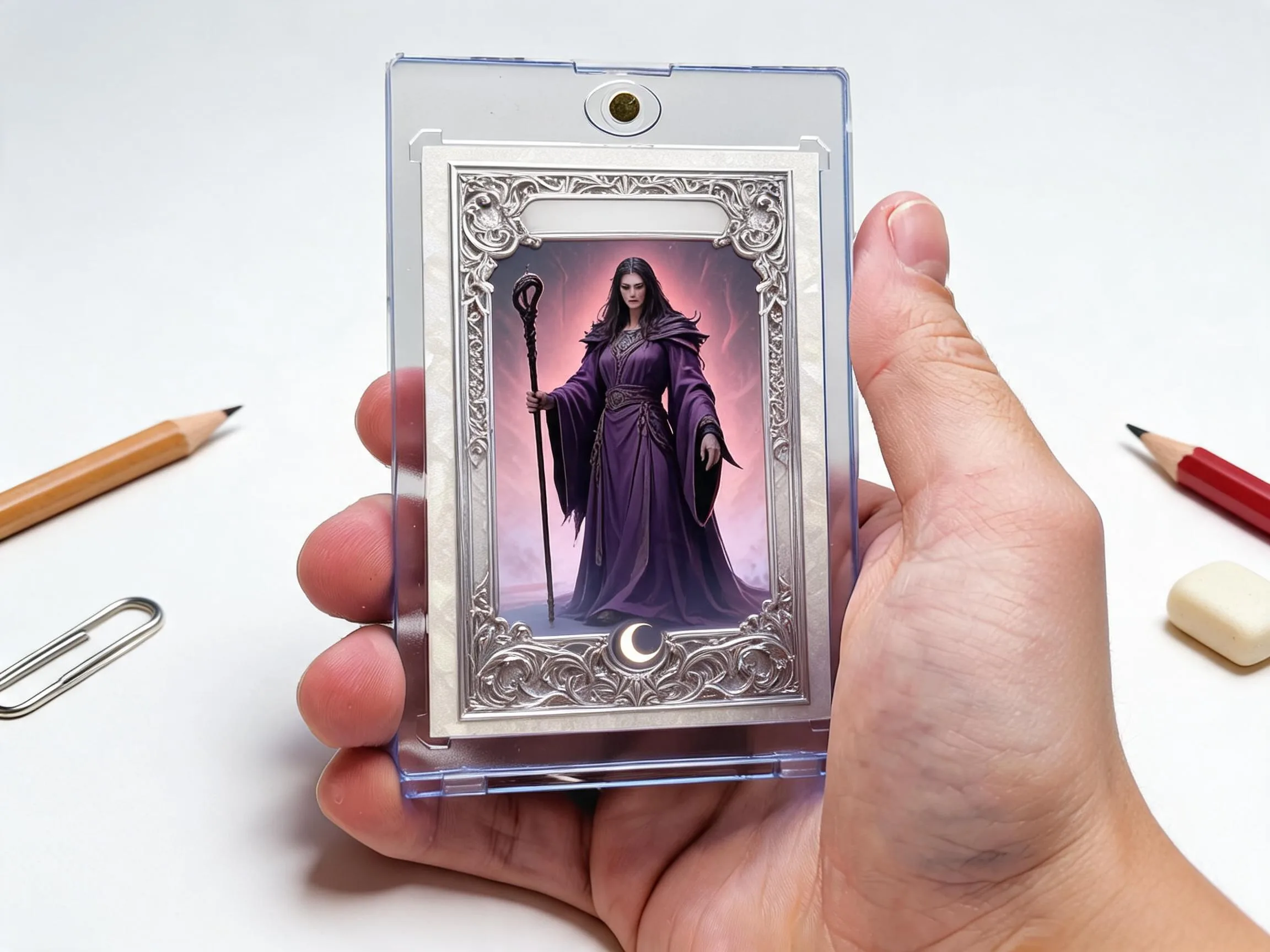Custom keepsake trading card in magnetic case, framed art-window design, displayed on white tabletop.