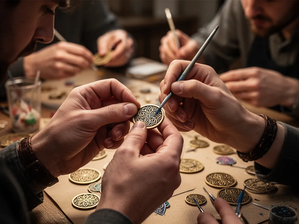 [Hands painting detailed artwork on a custom token with fine brushes and artistic concentration]