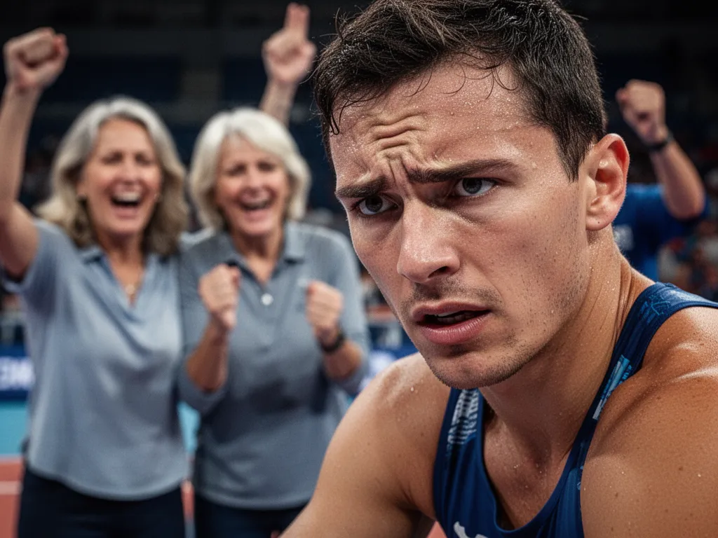 [Young athlete concentrating intensely during competition with supportive family members visible behind]