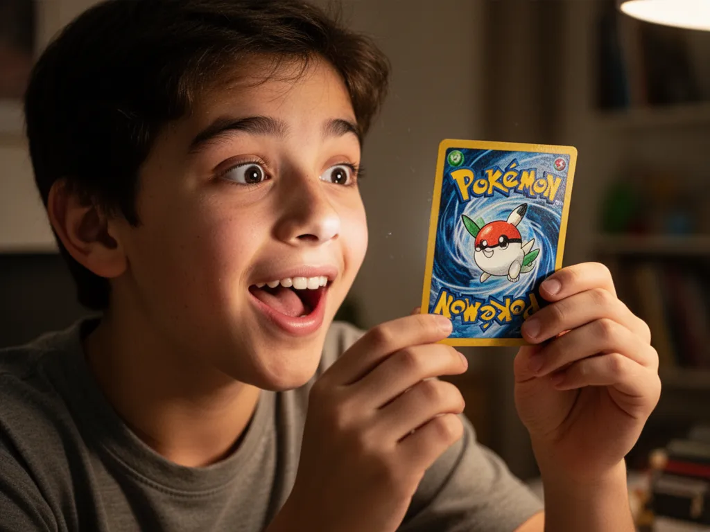 [Young collector holding up their custom Pokemon card creation with expression of delight and pride]