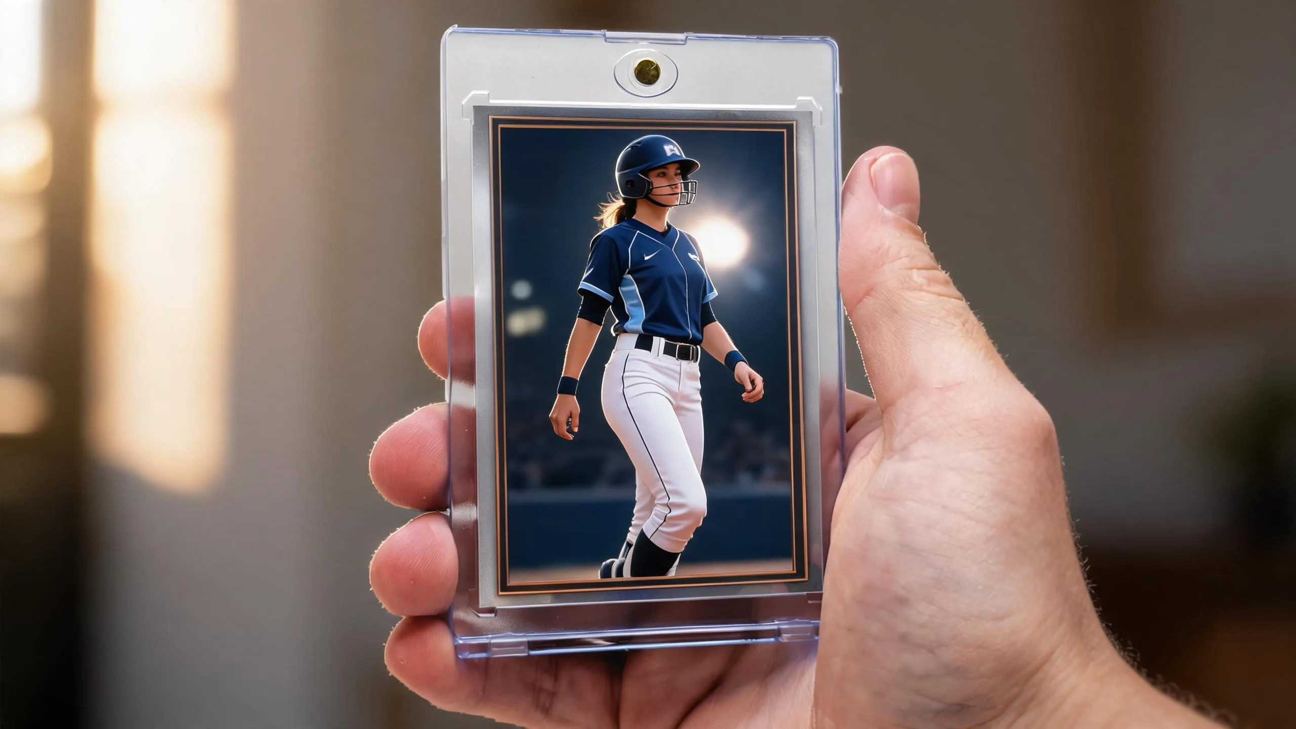 Hand holding magnetic case to make custom trading cards, athlete card lit in golden-hour light.