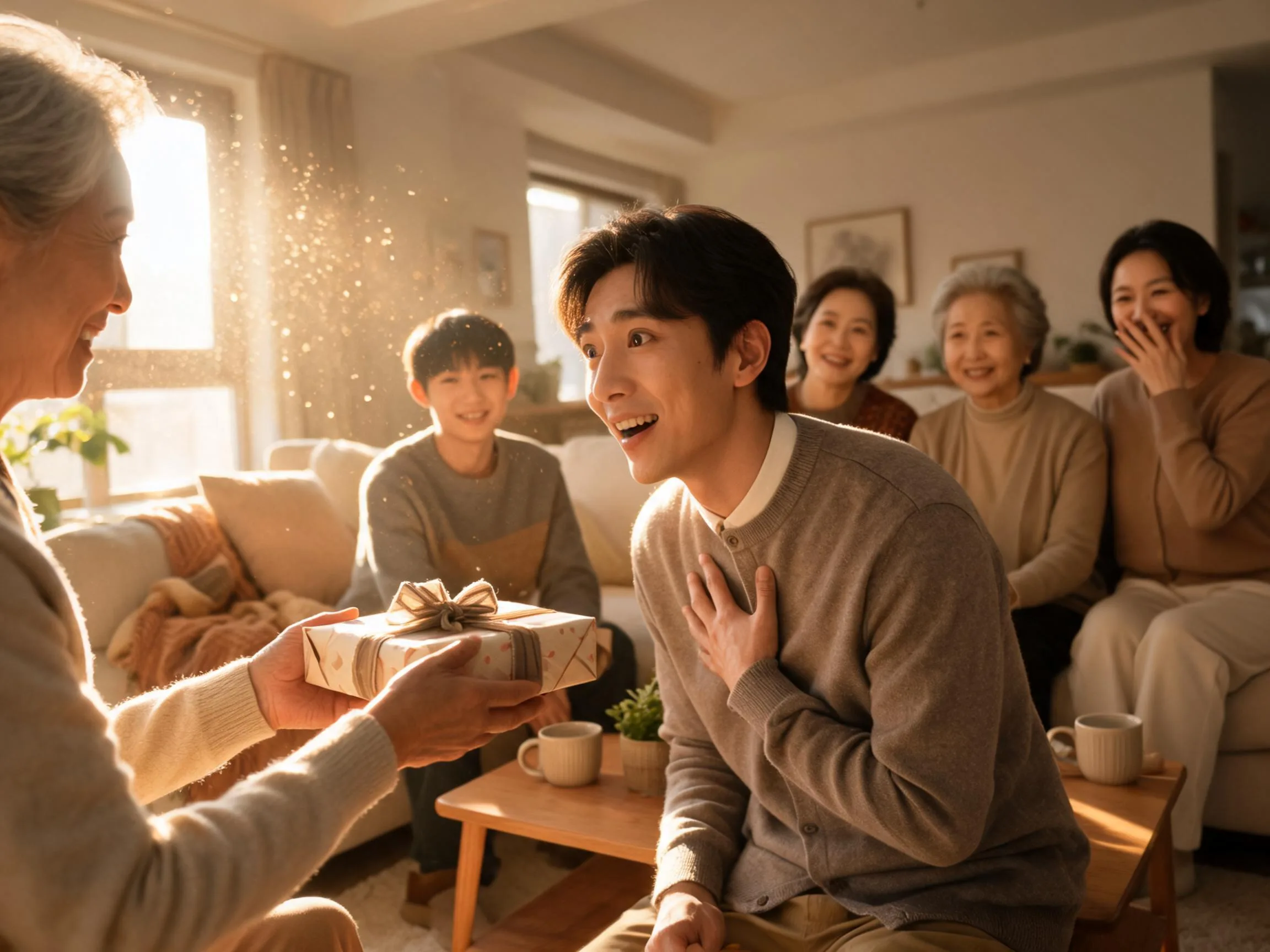 Family member reacting with genuine surprise to an unexpected gift in warm light.