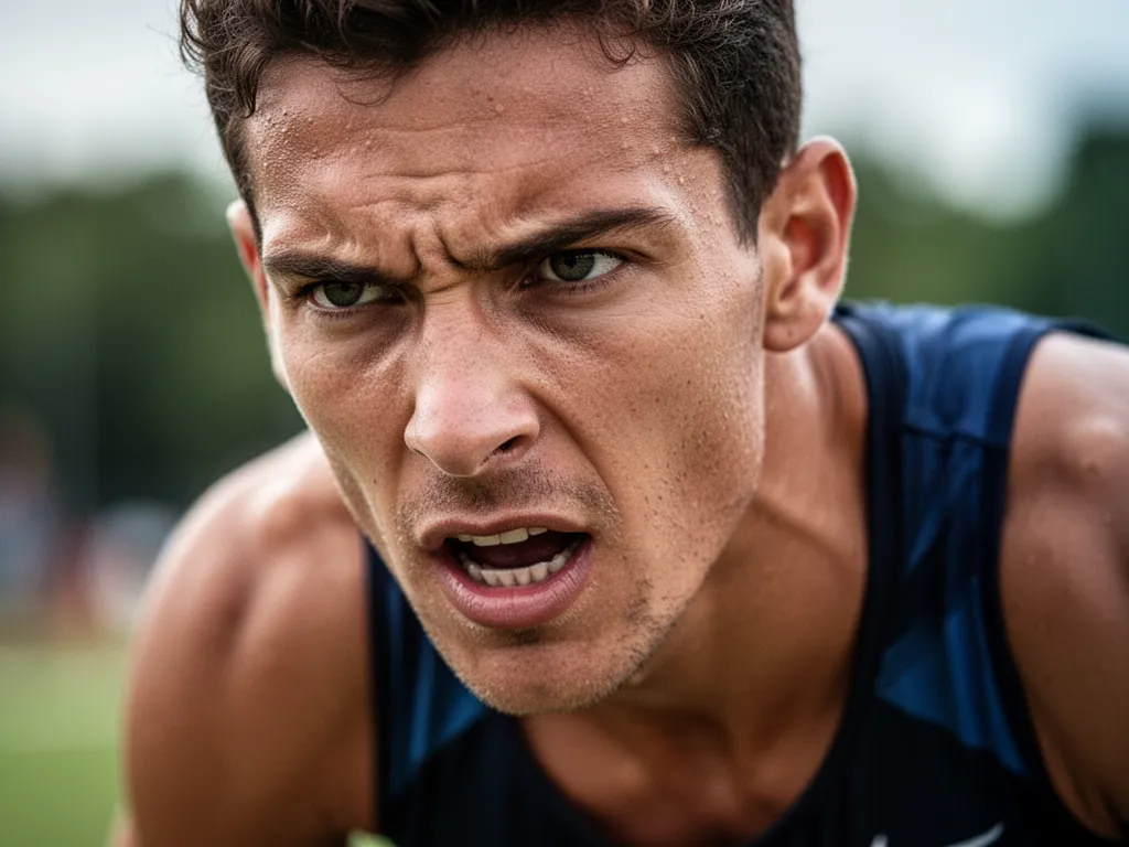 [Close-up of athlete's concentrated face showing emotion during sporting moment]