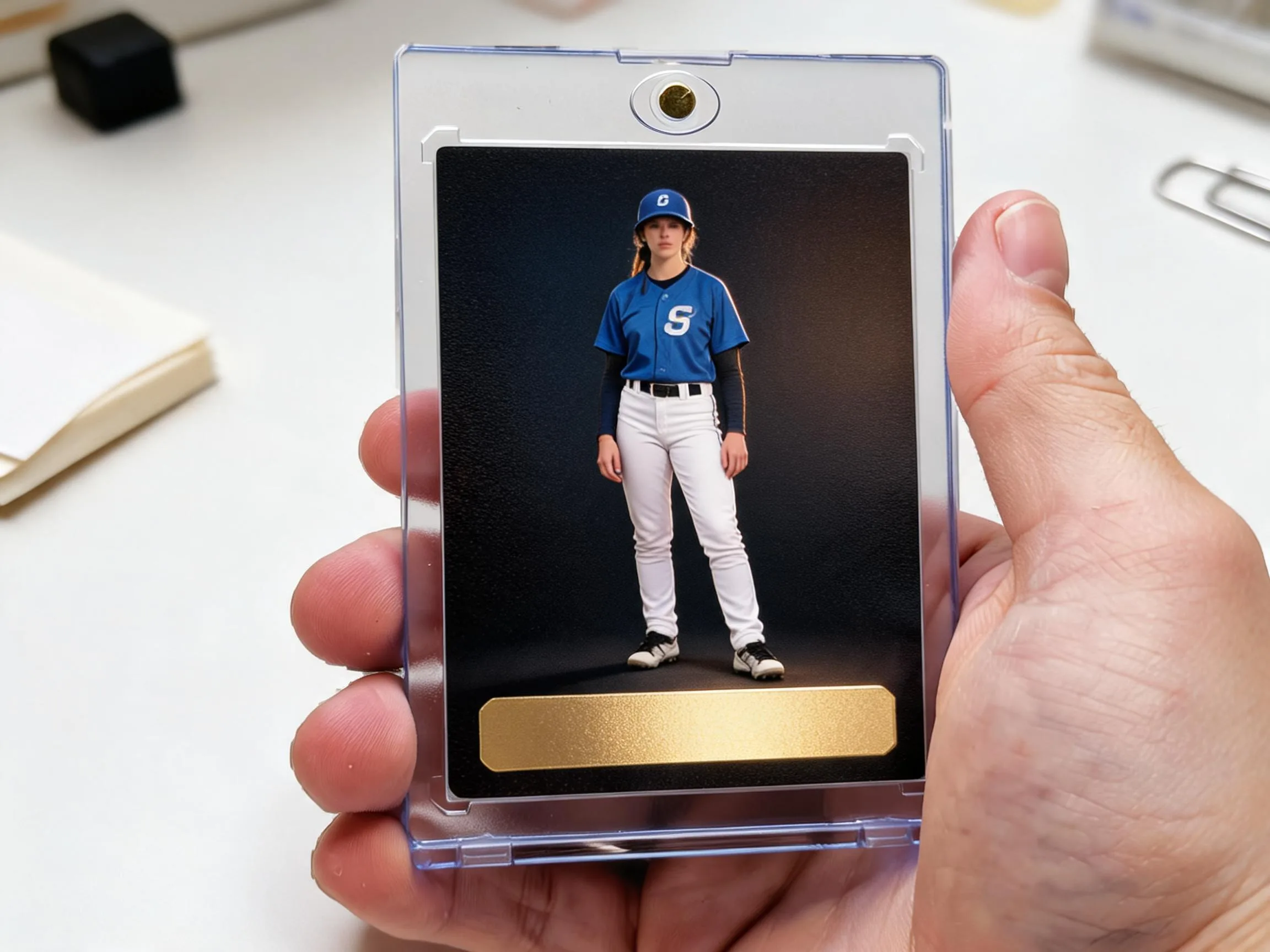 Custom keepsake trading card in magnetic case, gold foil tab, on white tabletop.