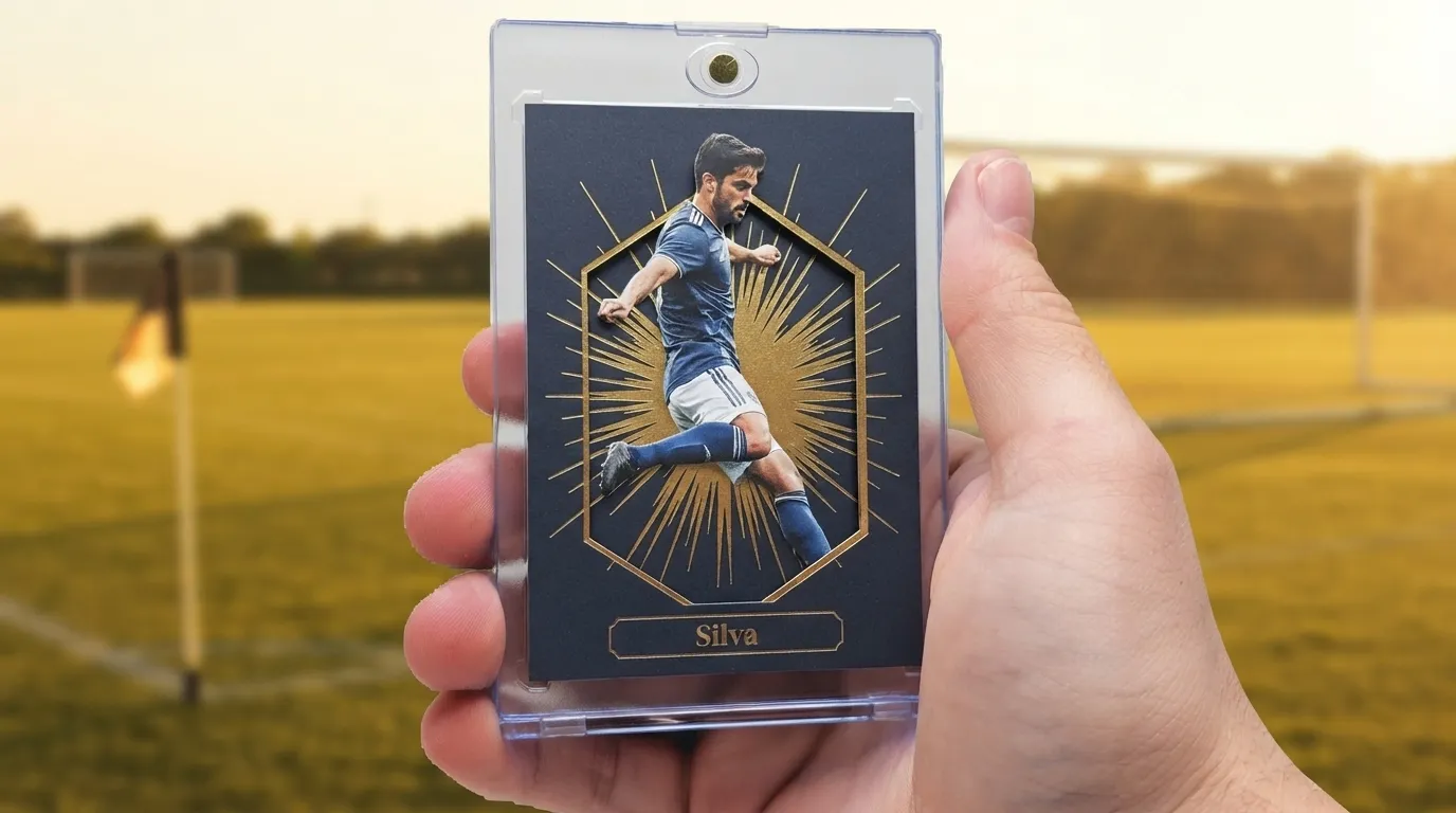 Hand holding magnetic case with make fc mobile card featuring gold-foil burst design at sunset.