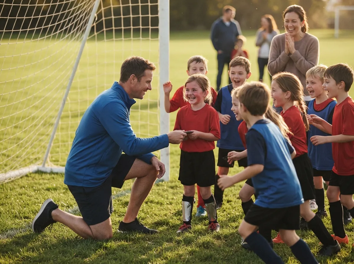 Coach kneeling on soccer field sharing a proud moment with young athlete and teammates.