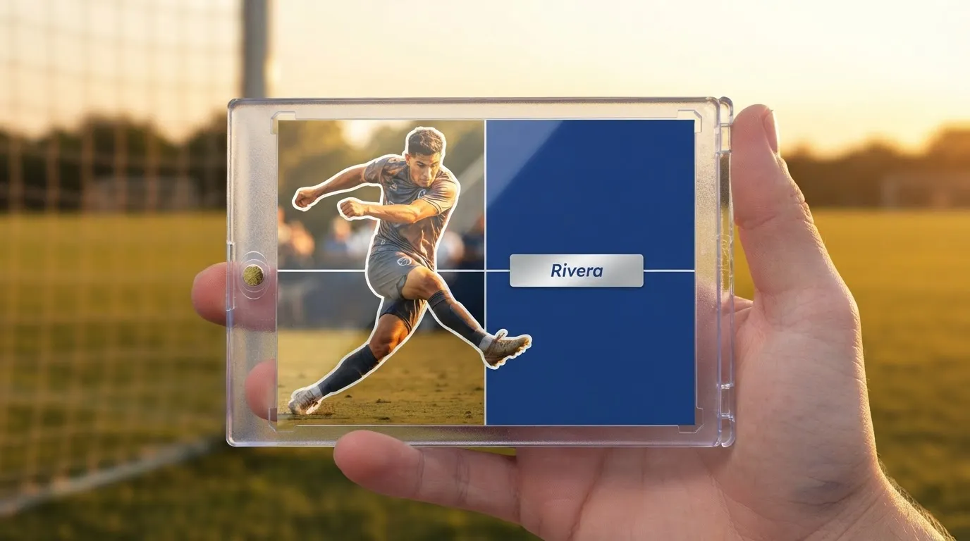Hand holding magnetic case with custom make fifa card featuring split-layout soccer player design.