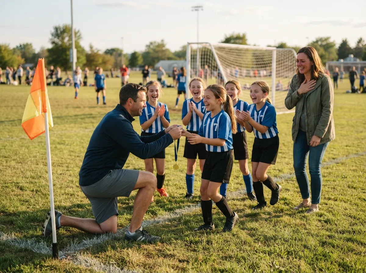 Coach and young soccer player share joyful moment on sunlit field near goal.