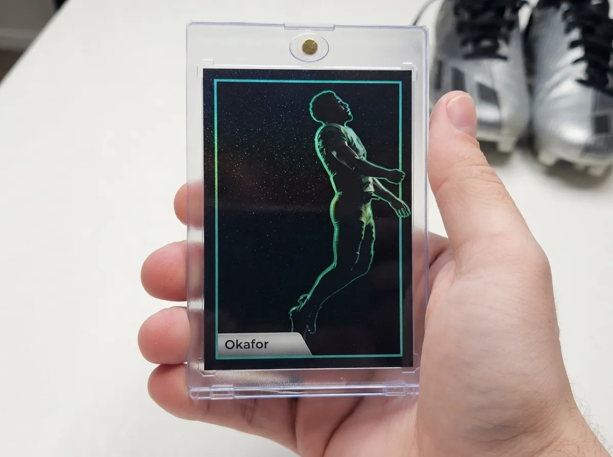 Custom soccer trading card in magnetic case, dark rim-lit player design on tabletop.