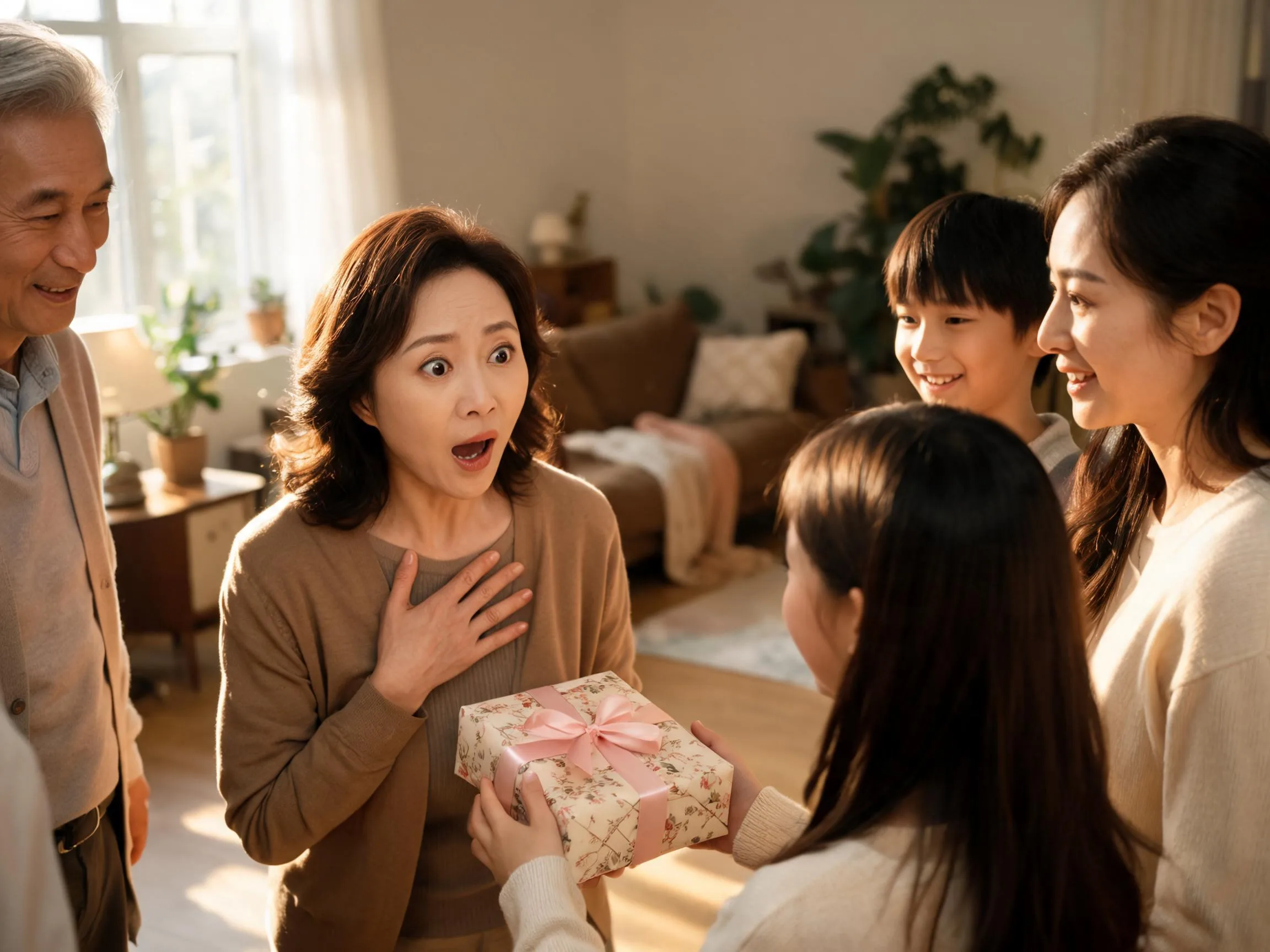 Person reacting with genuine surprise while being handed an unexpected gift indoors.