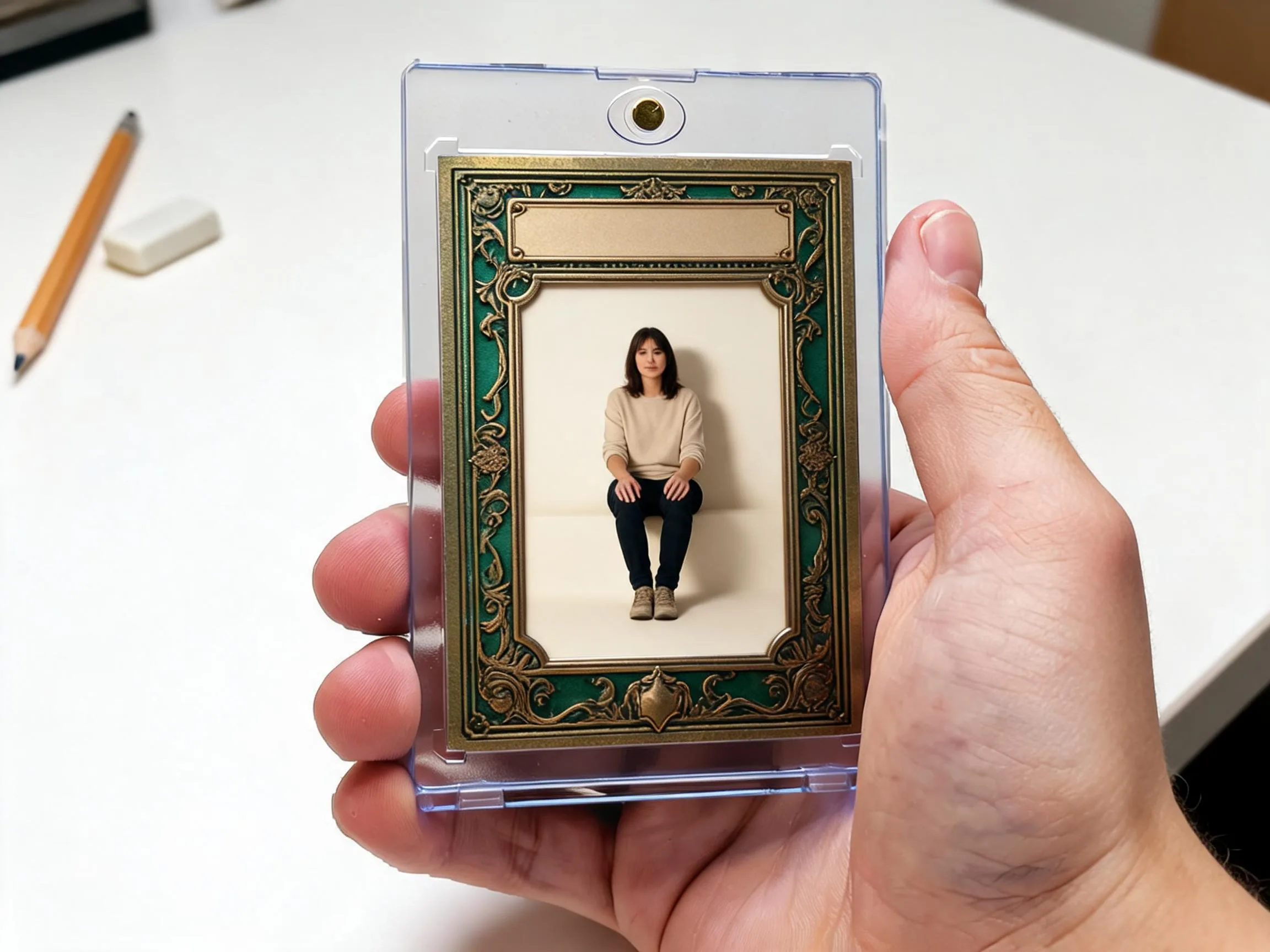 Custom keepsake trading card in magnetic case displayed on white tabletop.